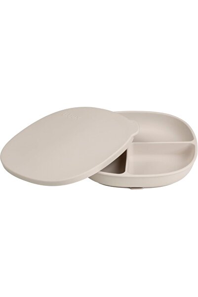 b.box 100% Platinum Silicone Baby Plate with Suction Cup & Leak-Proof Lid, 3 Compartments (latte)