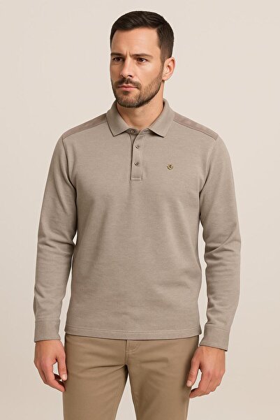 RAPAPA Men's Polo Neck Shoulder Striped Detail Dark Mink Sweater 1094 V