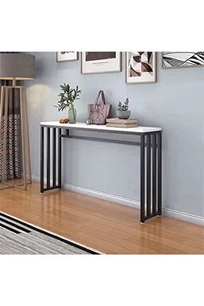 AGD Console Table, Narrow MDF Table with Marble Look, 100×30×80 cm, White