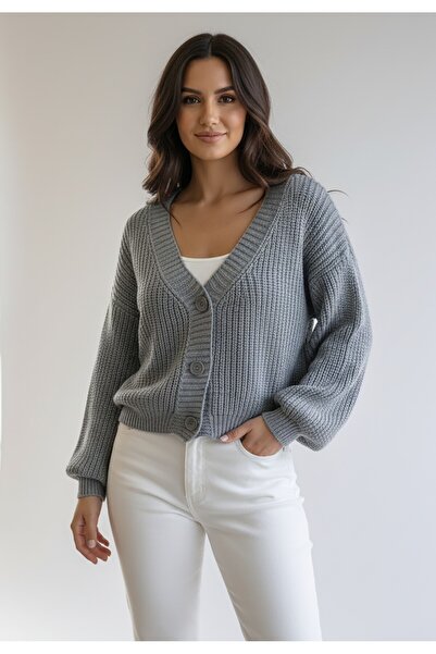 Figl Cardigan with buttons - Warm cardigan - Grey cardigan M1263 size M