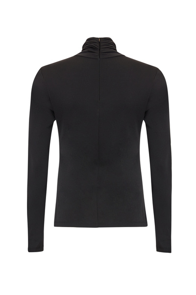 Exquise Draped Collar Long Sleeve Knitted Regular Black Blouse