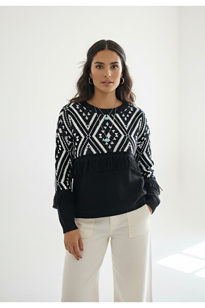 Figl Pulover boho cu franjuri - Pulover boho - Pulover negru M1265 mărimea M