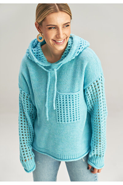 Figl Pulover ajurat - pulover cu glugă, albastru M996, mărime universală