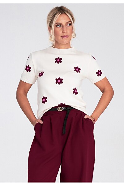 Figl Short sleeve sweater - Floral sweater - Ecru sweater M1235 size S