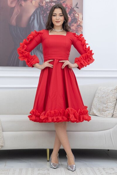 TREN Red Midi Dress with Ruffle Sleeves and Hem | Elegant Evening Dress for Special Occasions
