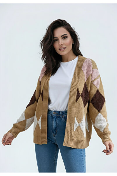 Figl Pulover cu romburi - Cardigan fără închidere - Pulover bej M1251 mărimea M