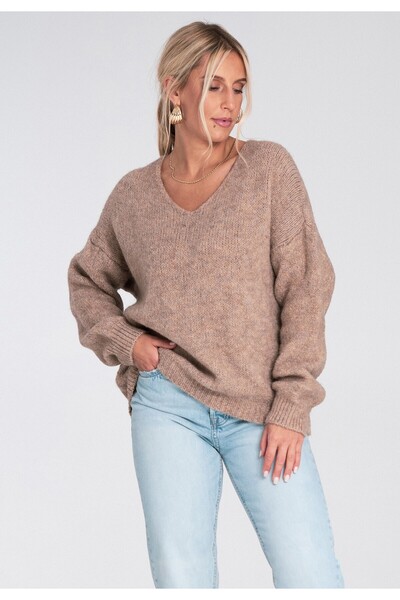 Figl Pulover lejer supradimensionat - Pulover cu decolteu în V - Pulover bej ...