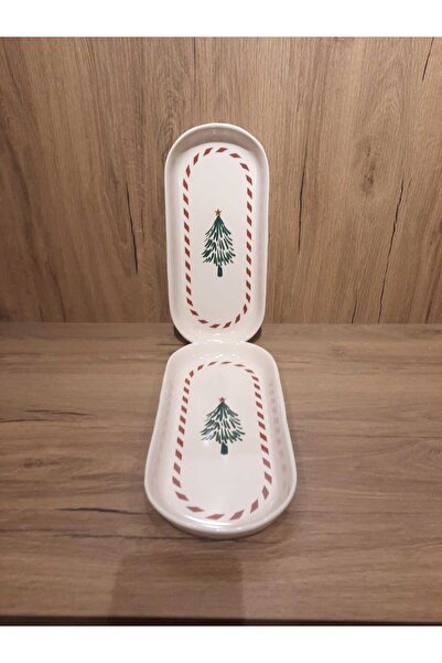 Keramika New Year Boat Plate 2 Pieces 26 cm Koki̇na/Santa Claus/New Year/Pine Tree