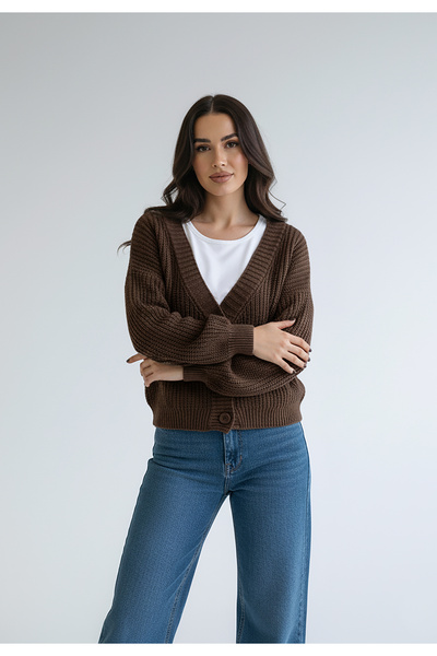 Figl Cardigan with buttons - Warm cardigan - Brown cardigan M1263 size M