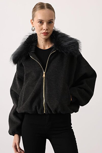 VAGGON Women's Anthracite Fur Collar Zipper Closure Bomber Cashmere Jacket Vs01540