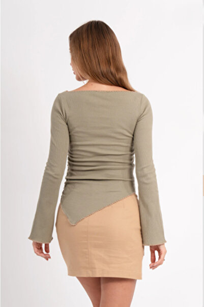 ALCİNOUS Bell Sleeve Boat Neck Embroidery Detail 100% Cotton Basic Blouse