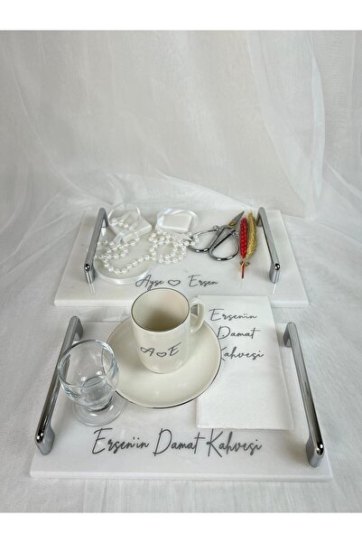 MERALP 8 Piece Engagement Tray, Groom's Coffee Tray, 2-Piece Ilıca Silver Metal Profile Handle