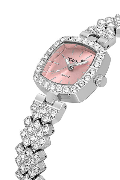 Polo Air ساعة يد نسائية فاخرة بعلبة مربعة وحجر فاخر باللون الفضي والوردي PL-1...