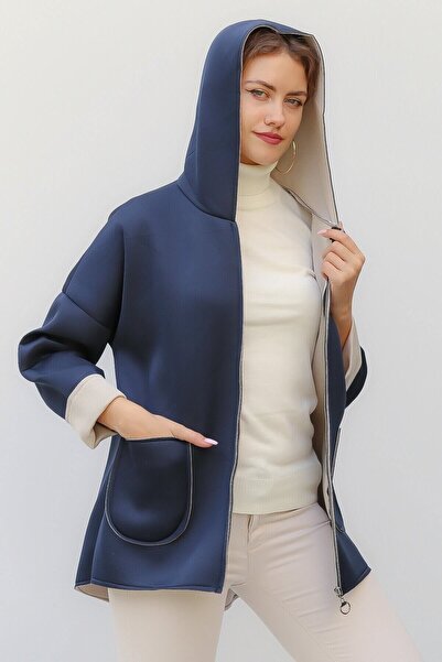 della moor Women's Navy Blue Italian Scuba/Diver Fabric Zippered Hooded Oversized Jacket