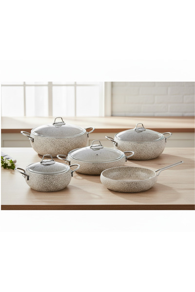 OMS 9 Pcs Biege Luxury Sandstorm Granitec Non-Stick Cookware Set With Glass Lids Made in Turkiye | 3052