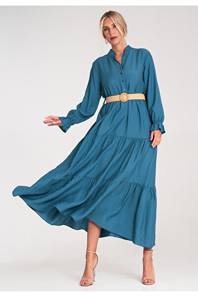 Figl Long casual dress with belt, with ruffles at the bottom – blue M1212 Universal