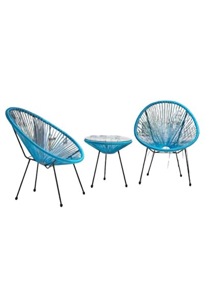 Home Decor Acapulco garden furniture set - 2 armchairs and glass-top table, metal and synthetic rattan, blue
