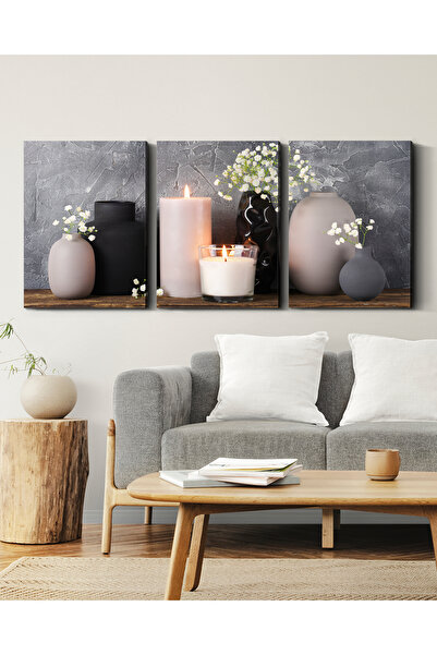 Evinemoda Candle Vase Flowers 3 Pieces Canvas - Canvas Painting
