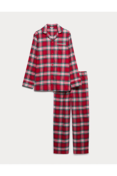 Marks & Spencer Saf Pamuklu Noel Kareli Pijama Takımı