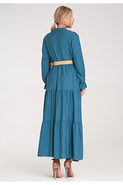 Figl Long casual dress with belt, with ruffles at the bottom – blue M1212 Universal