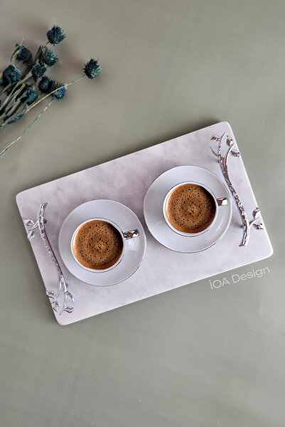 ioadesign Acacia Real Thin Marble Presentation Tray 32X20 cm - Gold Handle