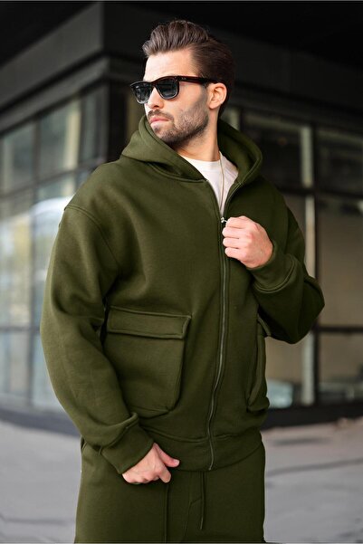 Madmext Khaki Hooded Cargo Pocket Piece Men's Tracksuit Set E7342