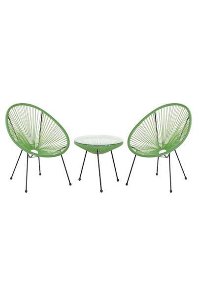 Home Decor Acapulco garden set - 2 chairs and glass-top table, metal and synthetic rattan, green