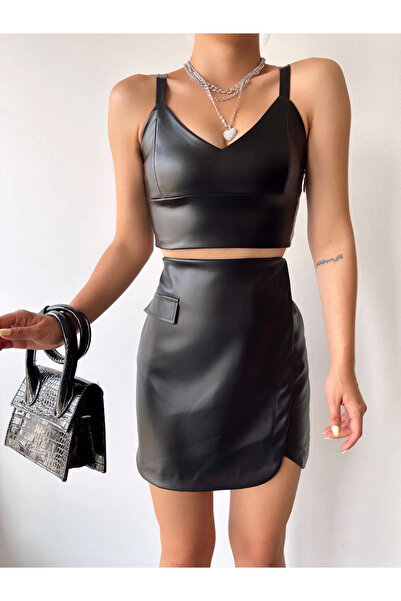 Zerenyus Oval Covered Leather Skirt with Pocket Detail Black