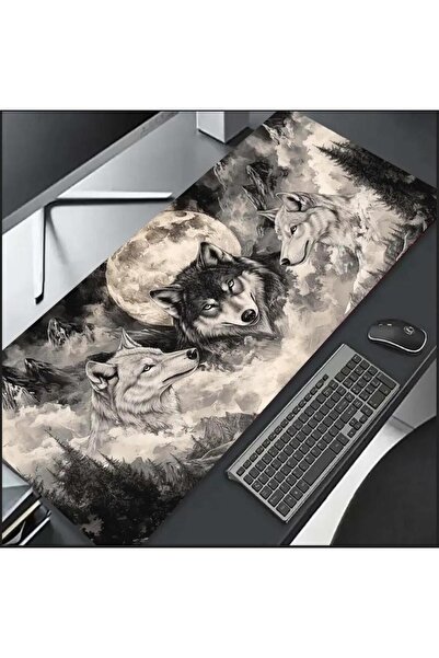 sgeteknoloji Sge Technology 65X25 cm Moon and Wolf Themed Anti-Slip Base Speed Surface Gaming Mouse Pad