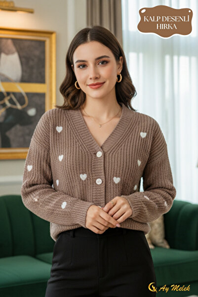 AYMELEK Women's Knitwear Cardigan V-Neck Short Textured Buttoned Cardigan