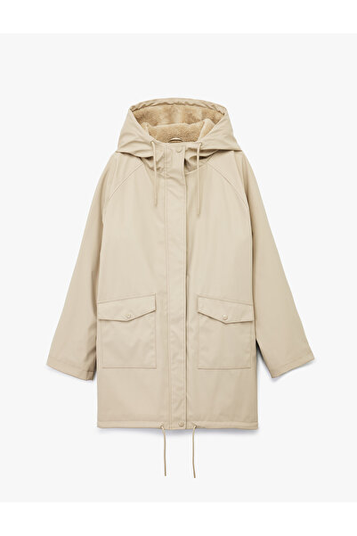 Koton Leather-Look Waterproof K Hooded Coat with Faux Fur Inside and Zippered Pockets