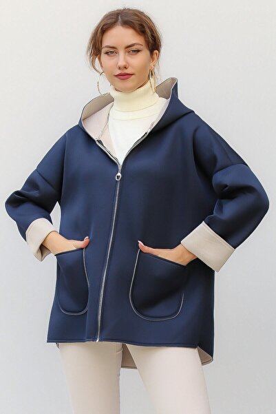 della moor Women's Navy Blue Italian Scuba/Diver Fabric Zippered Hooded Oversized Jacket