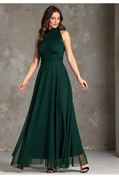 Figl Long evening dress - Halter neckline dress - Green dress M1173 size S/M