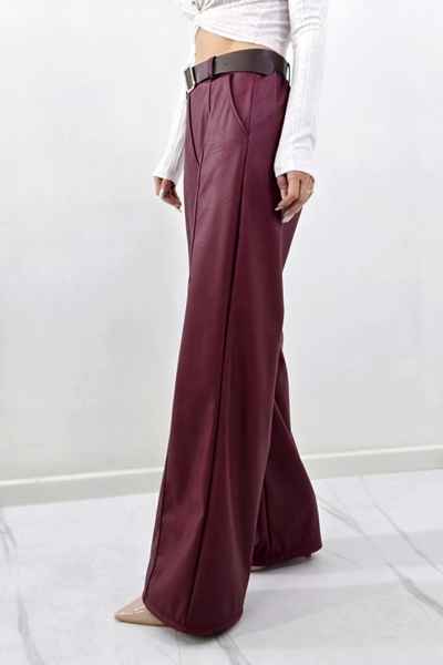 FashionForYou Long pants, padded -leather, Leonis, with elastic band and pockets, Bordeaux, Size S/M, S/M