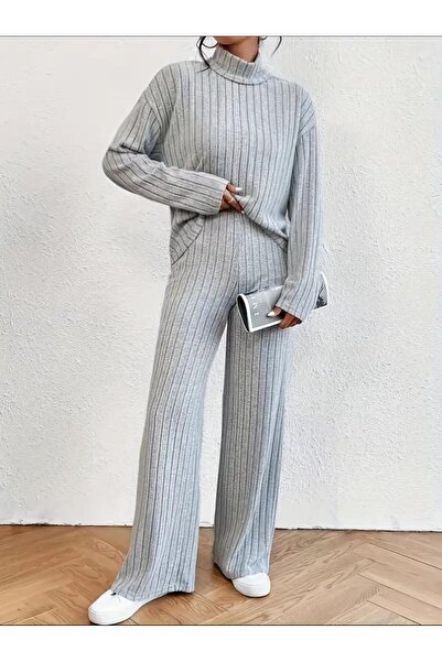 NEWORGINAL Women's Turtleneck Cotton Line Pattern Casual Comfortable Two-Piece Set