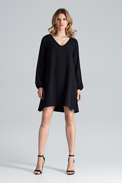 Figl Rochie neagră supradimensionată cu decolteu în V - Rochie lejeră M566 mă...