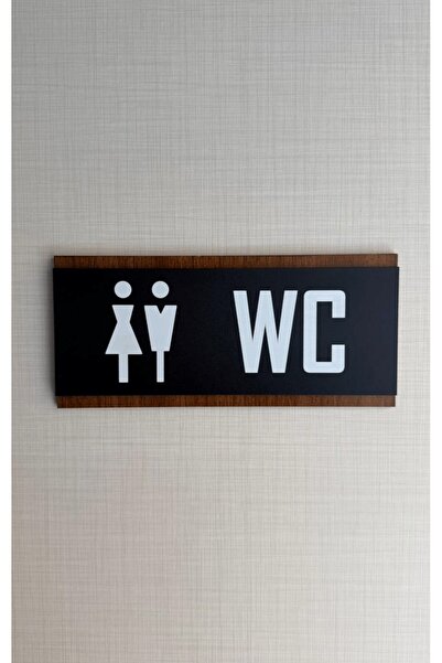 Yönline Women Men Unisex Wc Toilet Direction Sign Double Layer Black over Walnut Uv Printed Adhesive