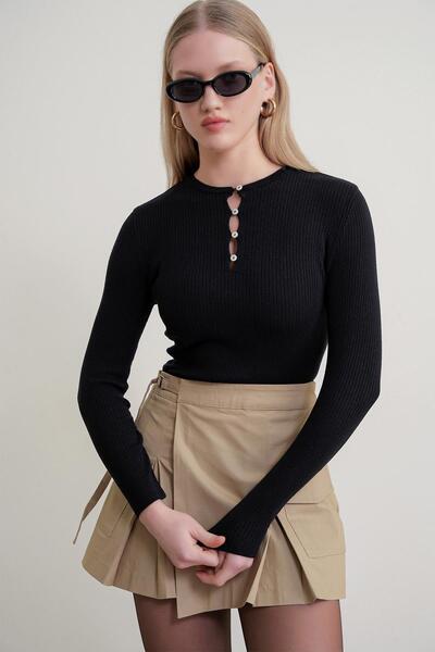 Mixray 6982 Women's Britli Detailed Soft Basic Sweater Black