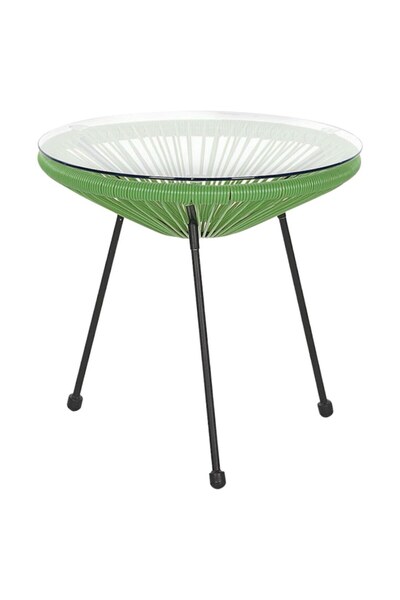Home Decor Acapulco garden set - 2 chairs and glass-top table, metal and synthetic rattan, green