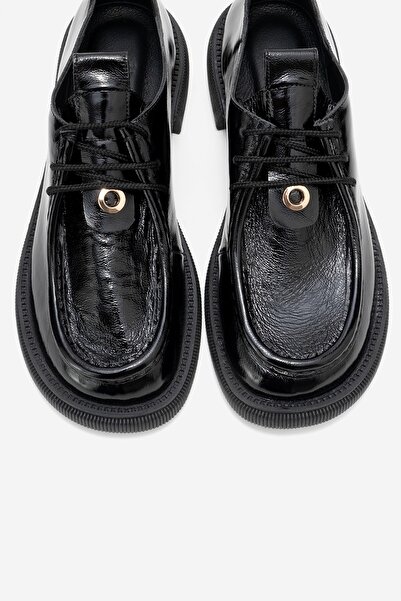 LuviShoes BAND Siyah Kırışık Rugan Hakiki Deri Bağcıklı Kadın Loafer Ayakkabı