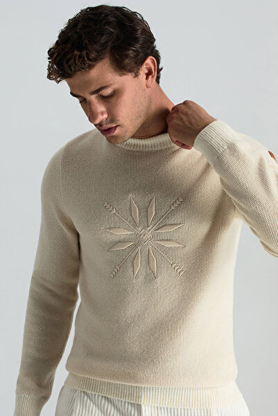 Hemington Kaşmir Yün Karışım Kar Desenli Bisiklet Yaka Ekru Kazak