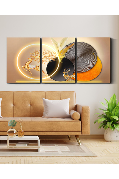 Evinemoda Gold Deer Round Patterns 3 Pieces Unilluminated Canvas - Canvas Painting