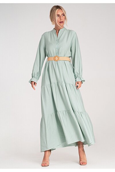 Figl Long casual dress with belt, with ruffles at the bottom – mint M1212 Universal