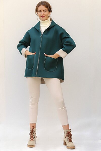 della moor Women's Green Italian Scuba/Diver Fabric Zippered Hooded Oversize Jacket