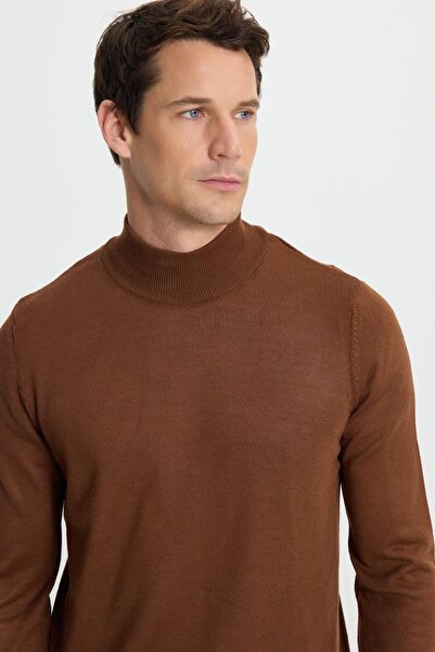 Tudors Men's standard fit regular cut half turtleneck plain brown knit sweater