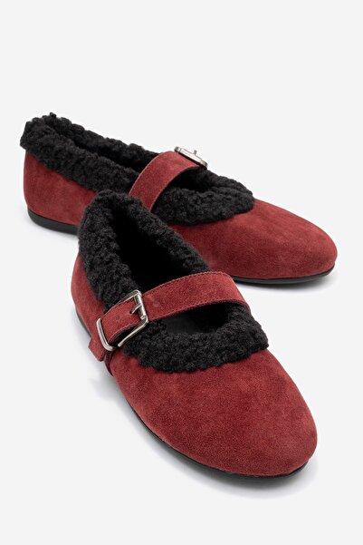 LuviShoes Guin Burgundy Suede Genuine Leather Plush Detailed Belted Women's Ballerina Shoes