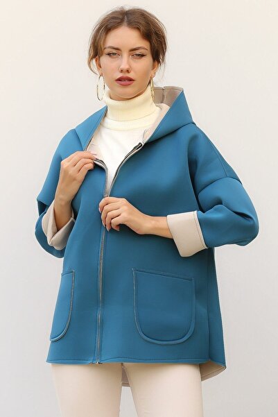 della moor Women's Turquoise Italian Scuba/Diver Fabric Zippered Hooded Oversize Jacket