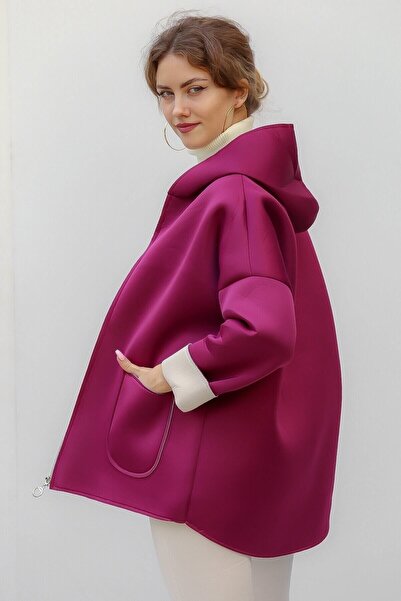 della moor Women's Purple Italian Scuba/Diver Fabric Zippered Hooded Oversize Jacket