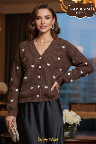 AYMELEK Women's Knitwear Cardigan V-Neck Short Textured Buttoned Cardigan