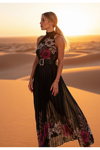 Figl Rochie maxi plisată - rochie neagră elegantă - M1091 ​​​​Mărime universală